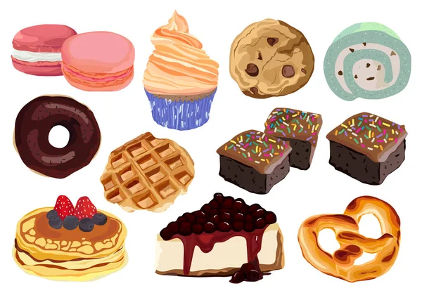 Set Colorful Cartoon Bakery Dessert Vector Illustration — 스톡 벡터