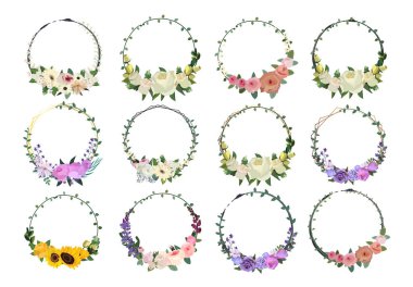 Bir demet güzel çiçek çelengi, çiçek desenleri. Vektör illüstrasyonu.