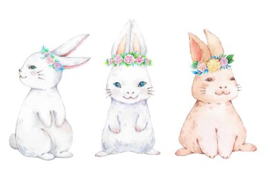 Paskalya tavşanları suluboya. El çizimi suluboya çizimleri.