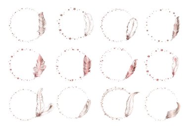 Güzel bir tüy çelengi seti, el çizimi boho tüyü çerçeve. Vektör illüstrasyonu.