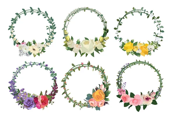 Set Von Schönen Blumenkranz Floralen Rahmen Gesetzt Vektorillustration — Stockvektor