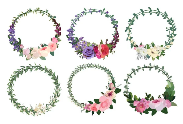 Σετ Από Όμορφα Στεφάνια Λουλουδιών Φλοράλ Καρέ Εικονογράφηση Διανύσματος — Διανυσματικό Αρχείο
