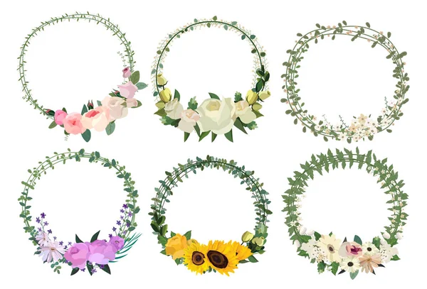 Conjunto Bela Coroa Flores Molduras Florais Conjunto Ilustração Vetorial —  Vetores de Stock
