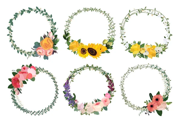 Σετ Από Όμορφα Στεφάνια Λουλουδιών Φλοράλ Καρέ Εικονογράφηση Διανύσματος — Διανυσματικό Αρχείο