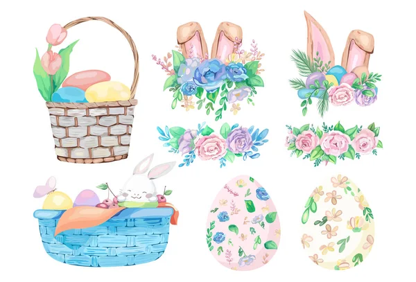 Cute Happy Easter Elements Set Vector Illustration — Stock Vector