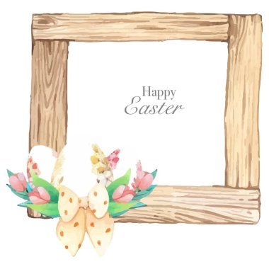 Bahar Paskalya süslemeli suluboya ahşap çerçeve. Vektör illüstrasyonu.