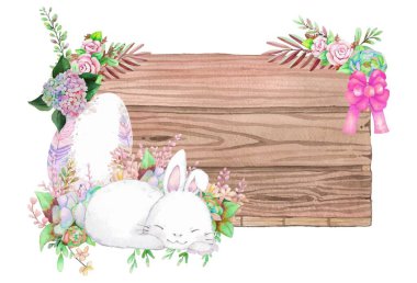 Bahar Paskalya süslemeli suluboya ahşap çerçeve. Vektör illüstrasyonu.