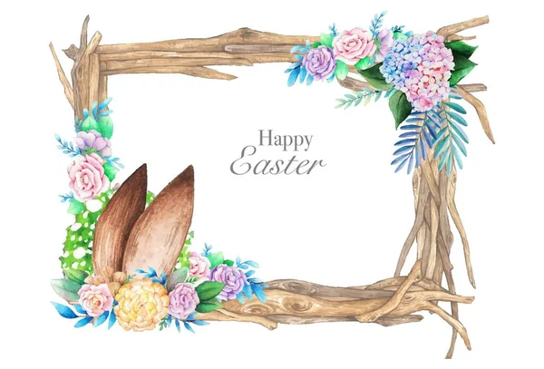 Watercolor Wooden Frame Spring Easter Decoration Vector Illustration — Stock Vector