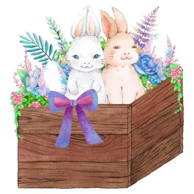 İlkbahar paskalya süslemeli suluboya ahşap kova. Vektör illüstrasyonu.