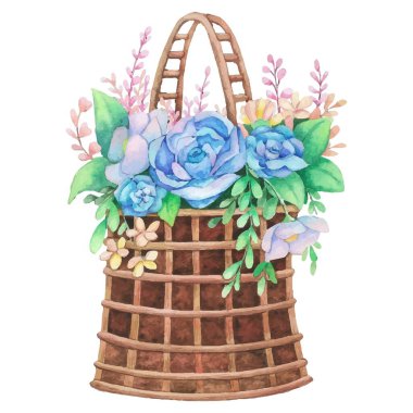 El çizimi mutlu Paskalya sepeti suluboya. Vektör illüstrasyonu.