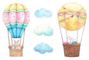 Balonda şirin, mutlu Paskalya suluboyası. Vektör illüstrasyonu.