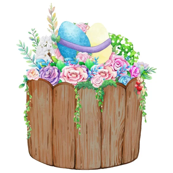 Watercolor Wood Bucket Spring Easter Decoration Vector Illustration — Stock Vector