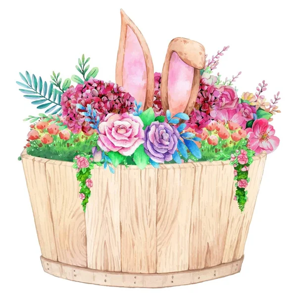春のイースターの装飾と水彩木のバケツ ベクターイラスト — ストックベクタ