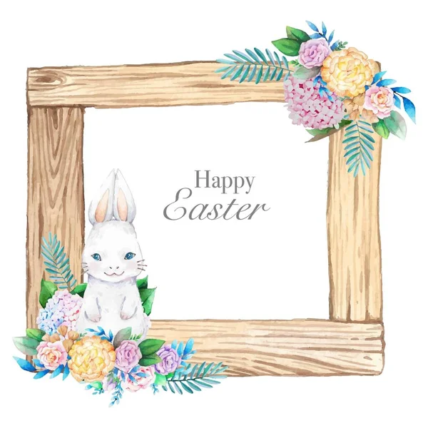 Watercolor Wooden Frame Spring Easter Decoration Vector Illustration — Stock Vector