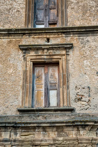 Closeup Wooden Frame Window Ancient House Village Exterior Old Dirty — Stock Photo, Image