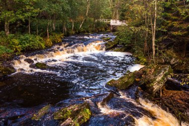 Karelia 'daki Kulismayoki nehri üzerindeki Jukankoski şelalesinin havadan görünüşü. Jukankoski 'nin güzel bir manzarası Kuzey Ladoga bölgesindeki en yüksek şelaleler. Karelya 'daki Beyaz Köprüler Şelalesi' nin sonbahar manzarası