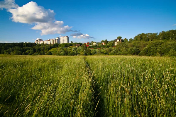 Cidade no fundo do campo — Fotografia de Stock