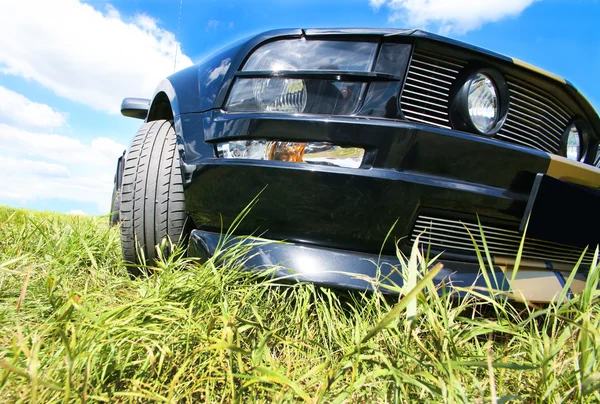 Samochód sportowy na trawie przed niebo — Zdjęcie stockowe