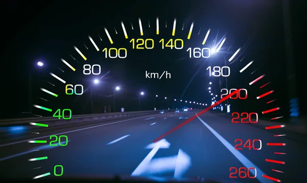 Car Speedometer Background Night Highway Dangerous Overspeeding Concept — 图库照片