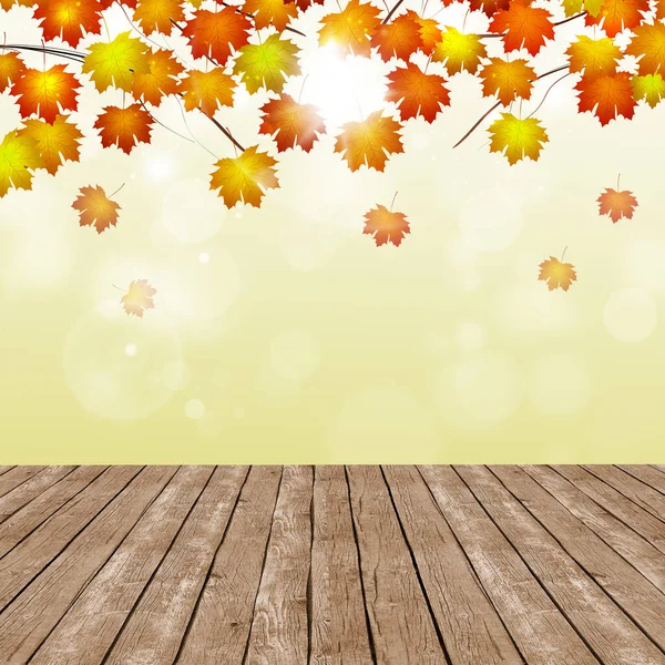 Heller Herbsthintergrund Mit Fallenden Blättern Und Holzboden — Stockfoto