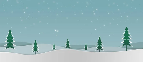 冬休みクリスマスグリーティングバナー 丘や雪の緑の木のイラスト — ストック写真