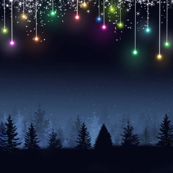Luzes Natal Multicoloridas Madeira Com Neve Noite — Fotografia de Stock