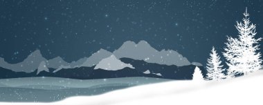 Kış köknar ağacı. Dağlardaki manzara manzarası. Doğa afişi