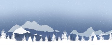 Kış kar manzarası dağlarda ve ormanlarda romantik afişler.