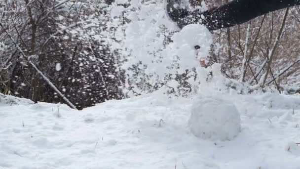 冬日里 在大雪的背景下 一个人踢了一脚就把一个雪人打倒了 — 图库视频影像