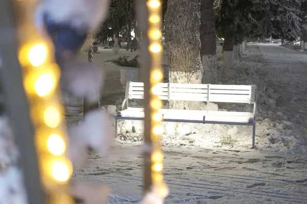 Luminous Bench Winter Lot Snow City Park — Stock Photo, Image