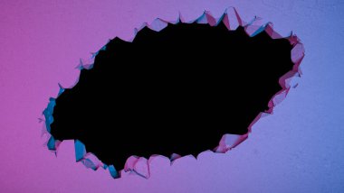 Duvarı, neon ışıklı bir oval olarak kırmak, 3 boyutlu illüstrasyon.