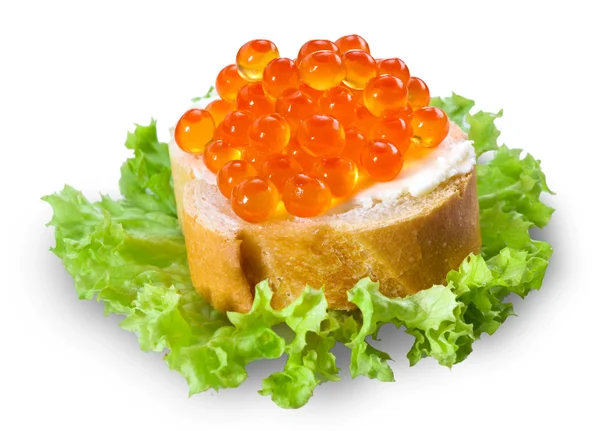 Red caviar with bread on black — Stock Photo, Image