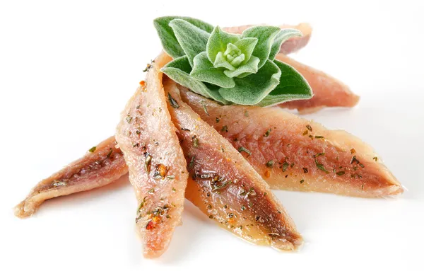 Anchovies on white with spice and oregano — Stock Photo, Image