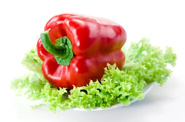 Red bell pepper with lettuce on a white background — Stock Photo, Image