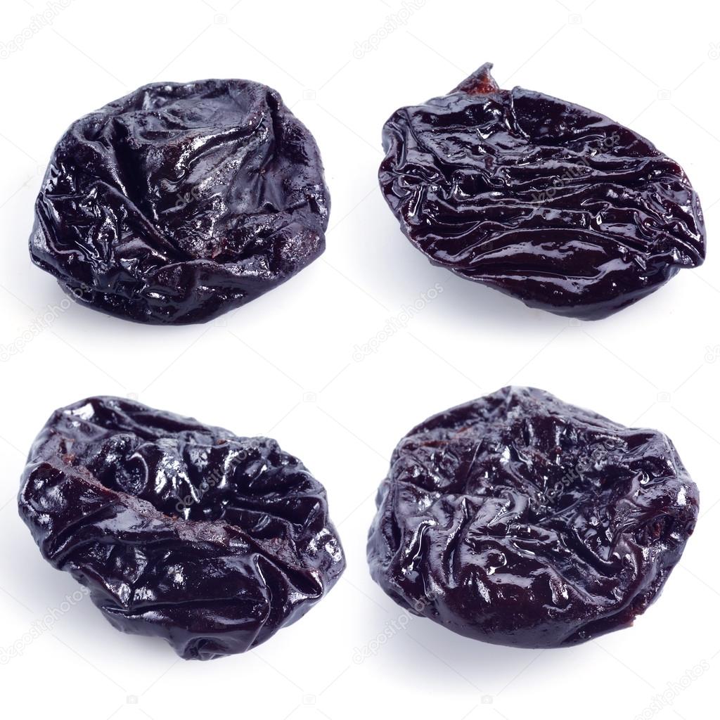 Dried plums isolated on white. prunes collection