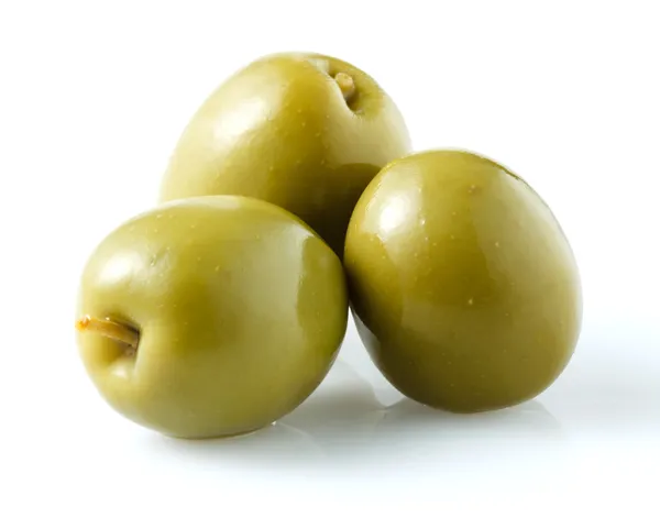 Thre green olives isolated on white — Stock Photo, Image