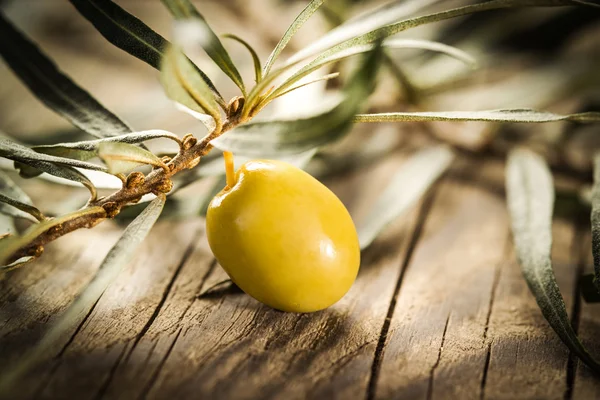 Groene olijven met fles van olie op een houten tafel — Stockfoto