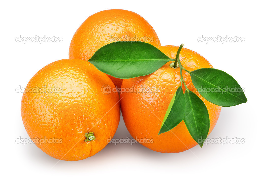 Orange fruit with leaves isolated on white background. clipping path