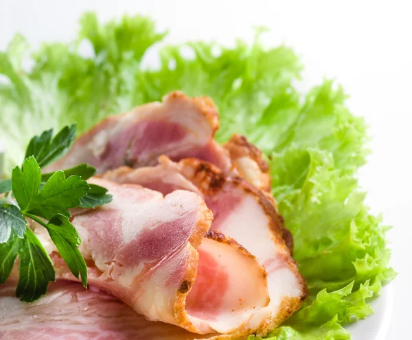 Ham. Bacon slice with herbs. Macro — Stock Photo, Image