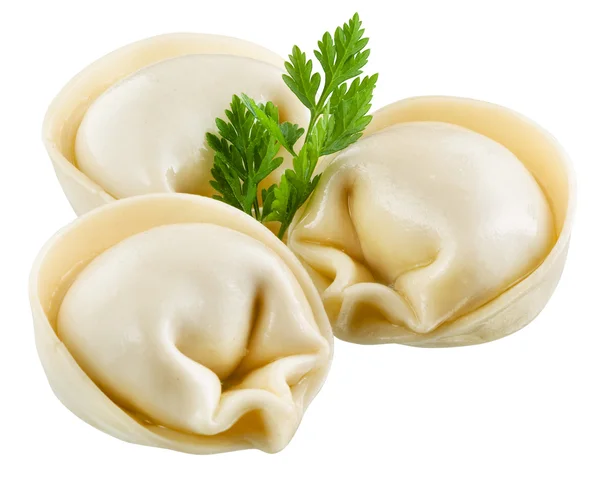 Dumplings och persilja - ryska pelmeni - italienska ravioli - isol — Stockfoto