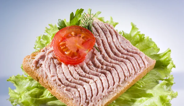Chleb z pasztet z mięsa i świeżych pomidorów — Zdjęcie stockowe