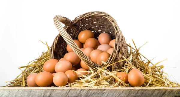 Κοτόπουλο αυγά στο καλάθι, απομονωμένη. βιολογικά τρόφιμα — Φωτογραφία Αρχείου