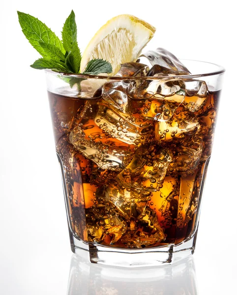 Cola with ice and lemon on white — Stock Photo, Image