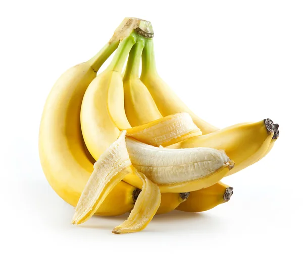 Bunch of bananas with open one isolated on white — Stock Photo, Image