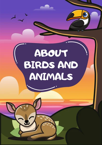 Cubierta para un libro para niños. Ciervos y tucanes. Ilustración vectorial con animales y aves — Archivo Imágenes Vectoriales