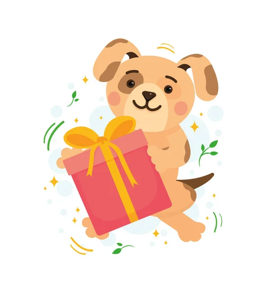 Un perro con un regalo. El cachorro sostiene la caja de regalo en sus patas. Lindo animal. Ilustración vectorial — Vector de stock