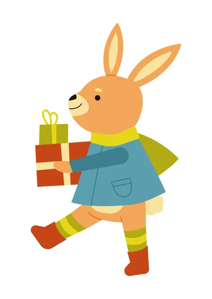 Lindo conejo con un regalo. Un animal alegre. Ilustración vectorial — Vector de stock