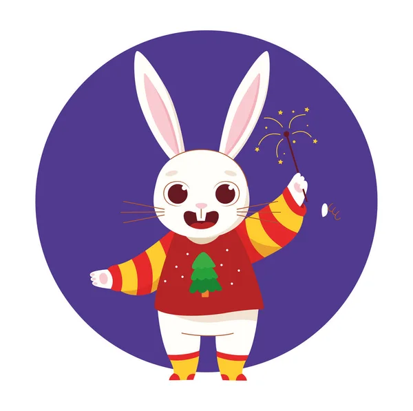 Un conejo alegre con un bengala. Año Nuevo Conejo. Ilustración vectorial — Vector de stock