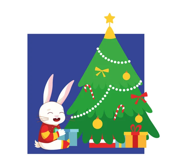 Un conejo decora un árbol de Año Nuevo. Conejito de Navidad. Ilustración vectorial — Vector de stock