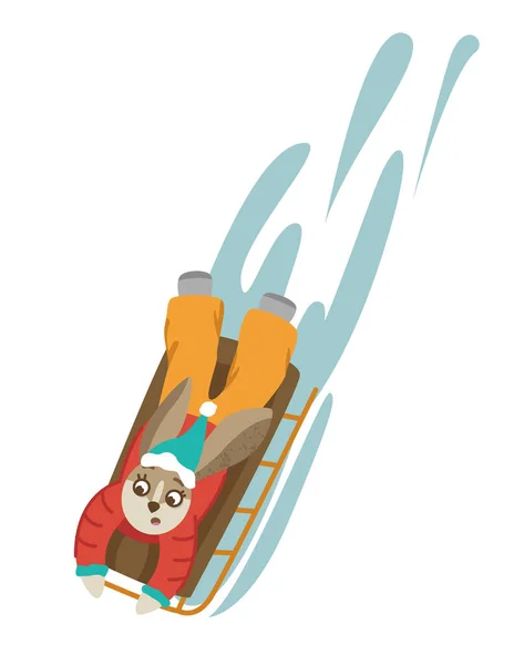 Rabbit on a sled rides in the snow. Cute rabbit in winter. Christmas and New Year. Vector illustration. — Stock Vector